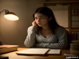 تلميذ مرهق محاط بكتب كثيرة على الطاولة رمزاً لمذاكرة طويلة بلا نتيجة